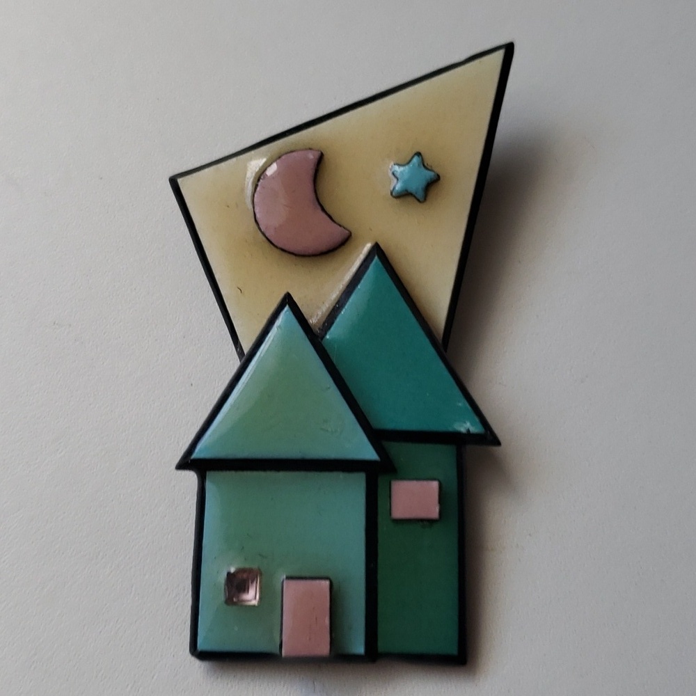 VINTAGE 1990s, Resin Pin, Resin Brooch, House, Moon and Star Pin, Funky Pin